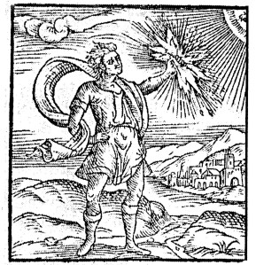 prometheus-The act of Prometheus stealing the fire of the gods, as given in Pierio Valeriano's 'Hieroglyphica' (Lyon, 1586).
